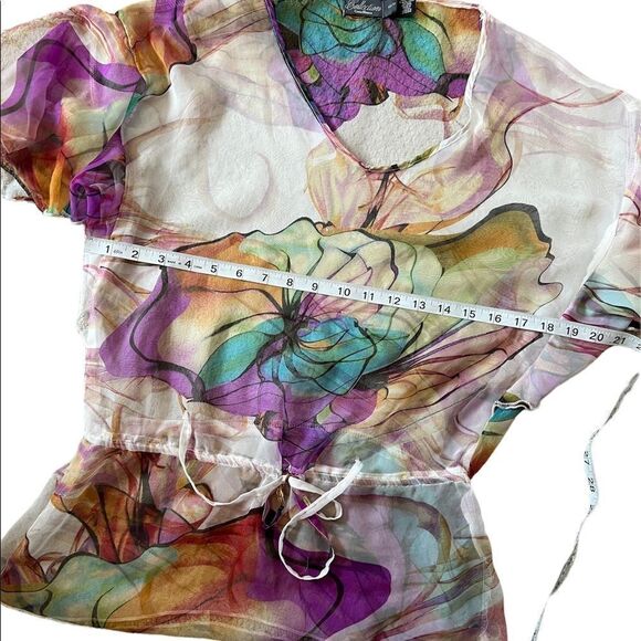 COSTA BLANCA Beige Floral Watercolour Semi Sheer Flutter Short Sleeve Top XS - Picture 6 of 7